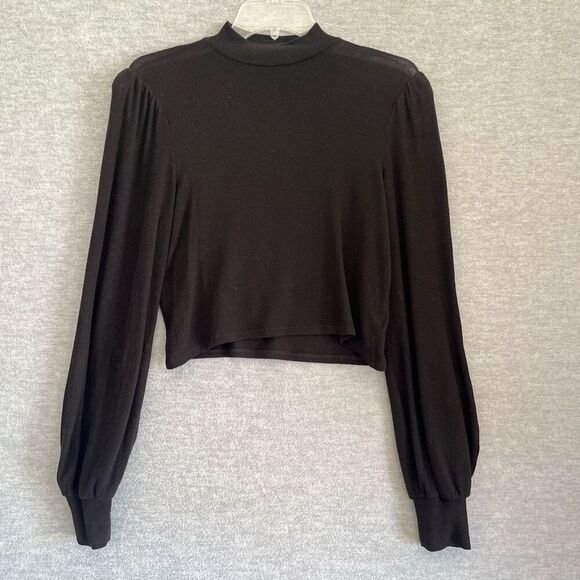 Reformation Jeans Mock Neck Knit Top Womens Small Crop Semi Sheer Bishop Sleeve - Picture 1 of 6